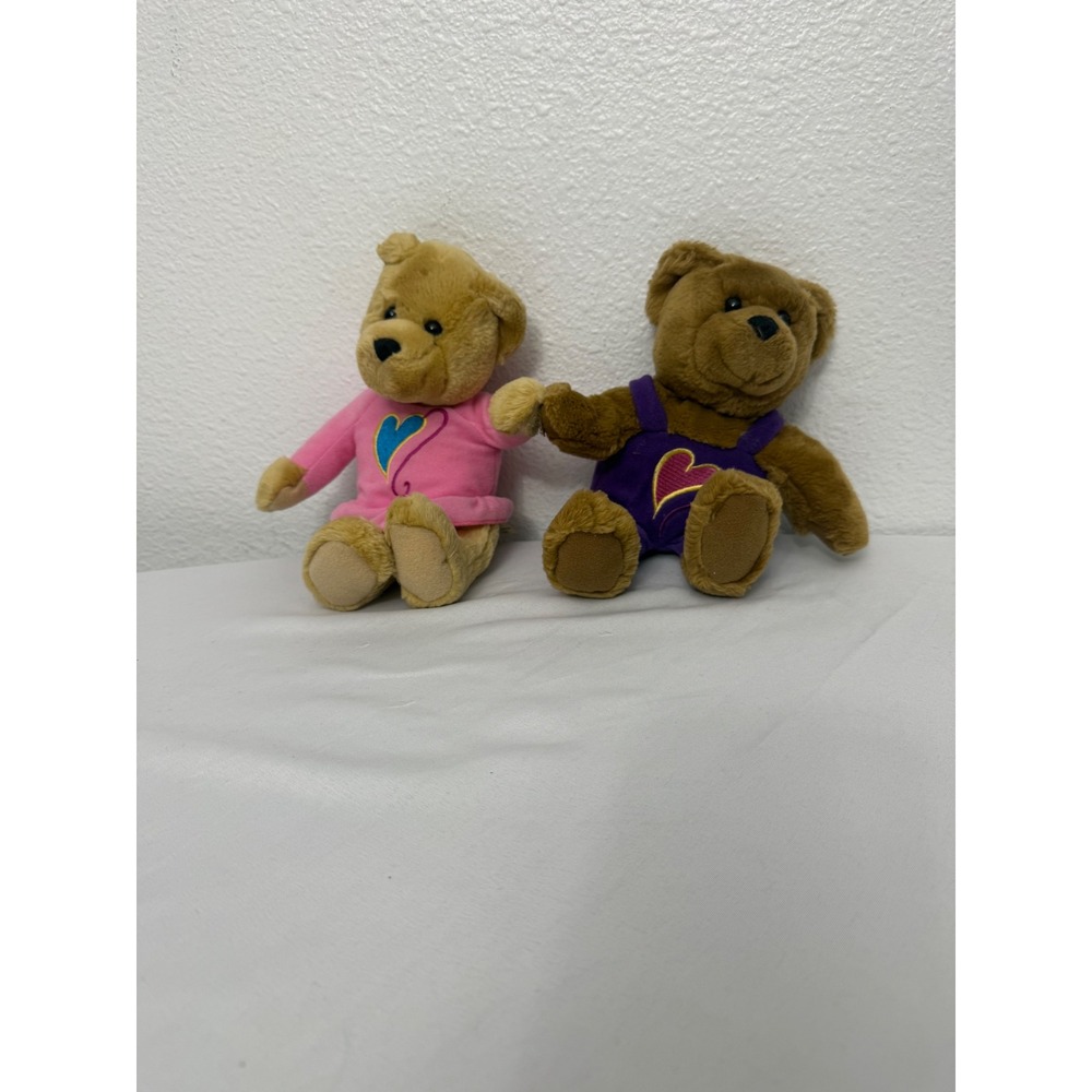 Vintage Plush Teddy Bear Pair Boy Girl Holding Hands Pink Dress Purple Overalls
